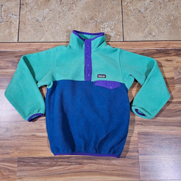 Vintage Patagonia Synchilla Pullover SnapT Snap-T Fleece Jacket Blue Green Purple Youth Sz S 7-8