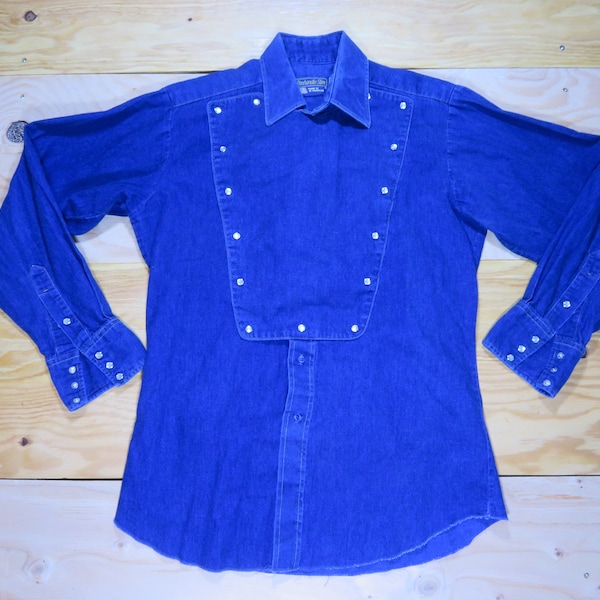 Vintage Panhandle Slim Denim Bib Western Button Down With Pearl Snap Bib Cowboy Shirt Sz M Dark Blue