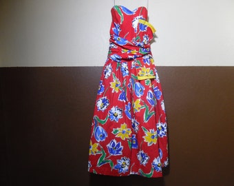 Vintage hermoso vestido de fiesta sin tirantes marca especial Tiempos por Patty ONeil Unión hecho en EE.UU. rojo floral algodón Sz 8