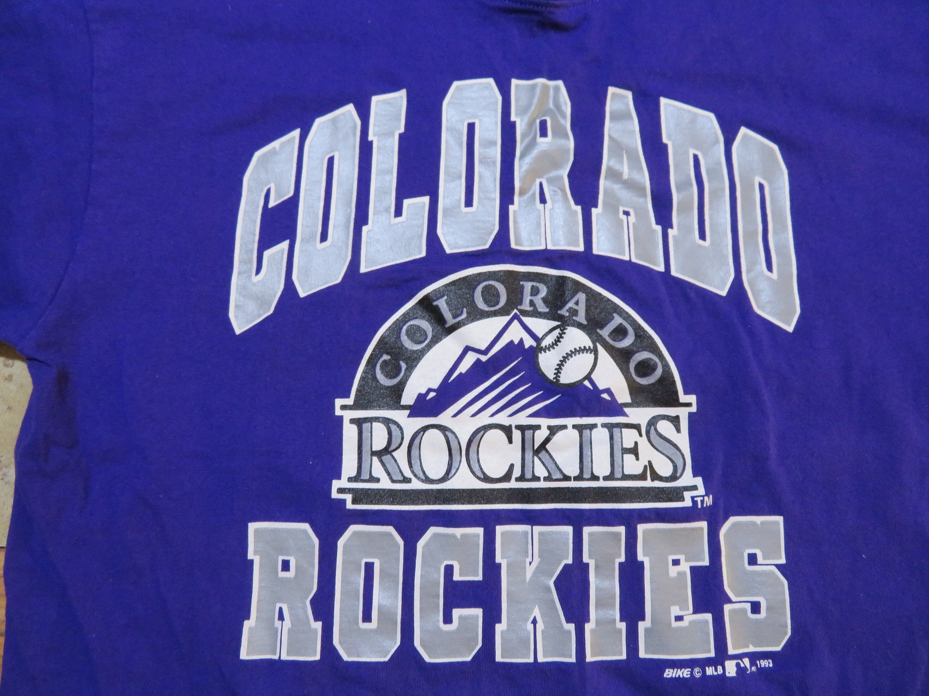Vintage Colorado Rockies T-Shirt Baseball Purple White Silver BIKE Brand Made in USA Sz XL