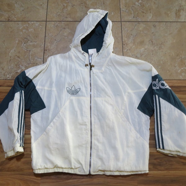 Vintage Adidas Trefoil Spellout White Green Hooded Lined Jacket Coat Sz XL Track