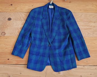 Vintage Miss Pendleton Woman's Wool Blazer Royal Blue Green Plaid Made in USA Sz 10