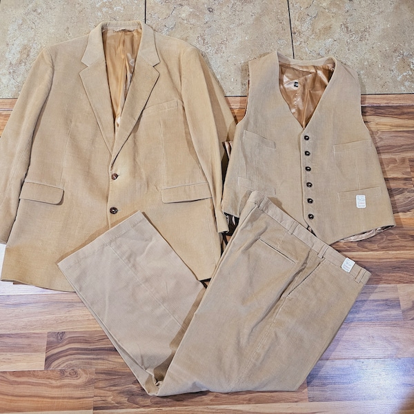 Vintage Nordstrom Corduroy 3 Piece Suit Jacket Vest Pants Beige Khaki Color Sz 46 L Pants 40x29