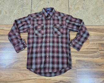 Camisa vaquera vintage Sir Pendleton Shadow con cuadros morados y grises perlados y broches, talla S