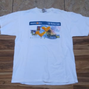 Vintage Pacific Bell California telefoon prepaid kaart wit blauw 1995 T-shirt Sz L technologie