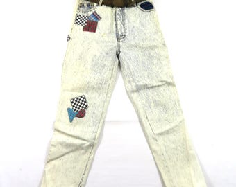 Rio Denim Jeans, High Waist Rise, Leichte Acid Waschung Blau Gr. L Maß 27x27 1980er Jahre