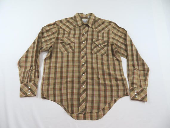 Canyon Trails Pearl Snap Shirt Western Beige Brown Red Gold Pin Stripe Sz L? 1980s