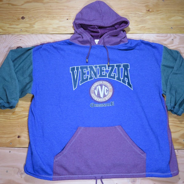 Vintage Venezia Color Block Hooded Sweatshirt Hoodie Blue Purple Green 1990s Sz XL Oversized Baggy Look