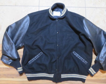 Vintage Wool Blend Plain Blank Letterman's Varsity Jacket Black DeLong Brand Snap-Up Made in USA Sz 3X
