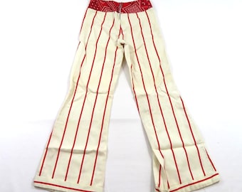 Hippy Style Bell Bottoms, White Red Pin striped, Metal Zipper 24x29 1960s