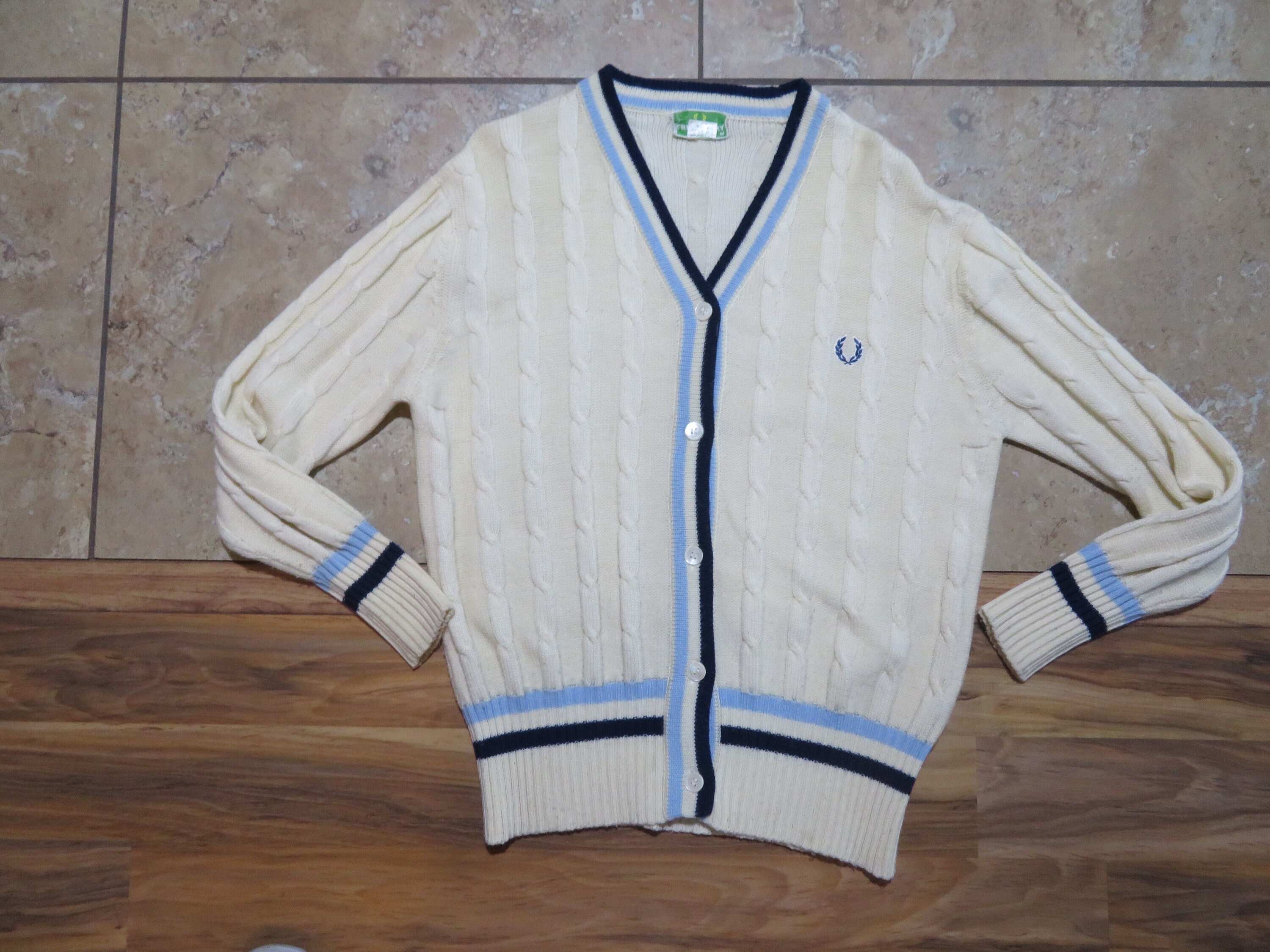 Vintage Fred Perry Tennis Sweater Golf Cable Knit Beige Lt Blue Dk Blue V neck Button up Cardigan Sz M Etsy UK