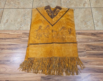 Poncho vintage en cuir avec franges et gilet sur le thème des chevaux de cow-boy occidentaux