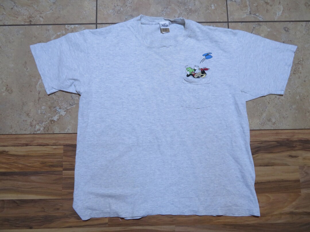 Vintage Jiminy Cricket Pocket Tshirt Disney Embroidered Gray Green