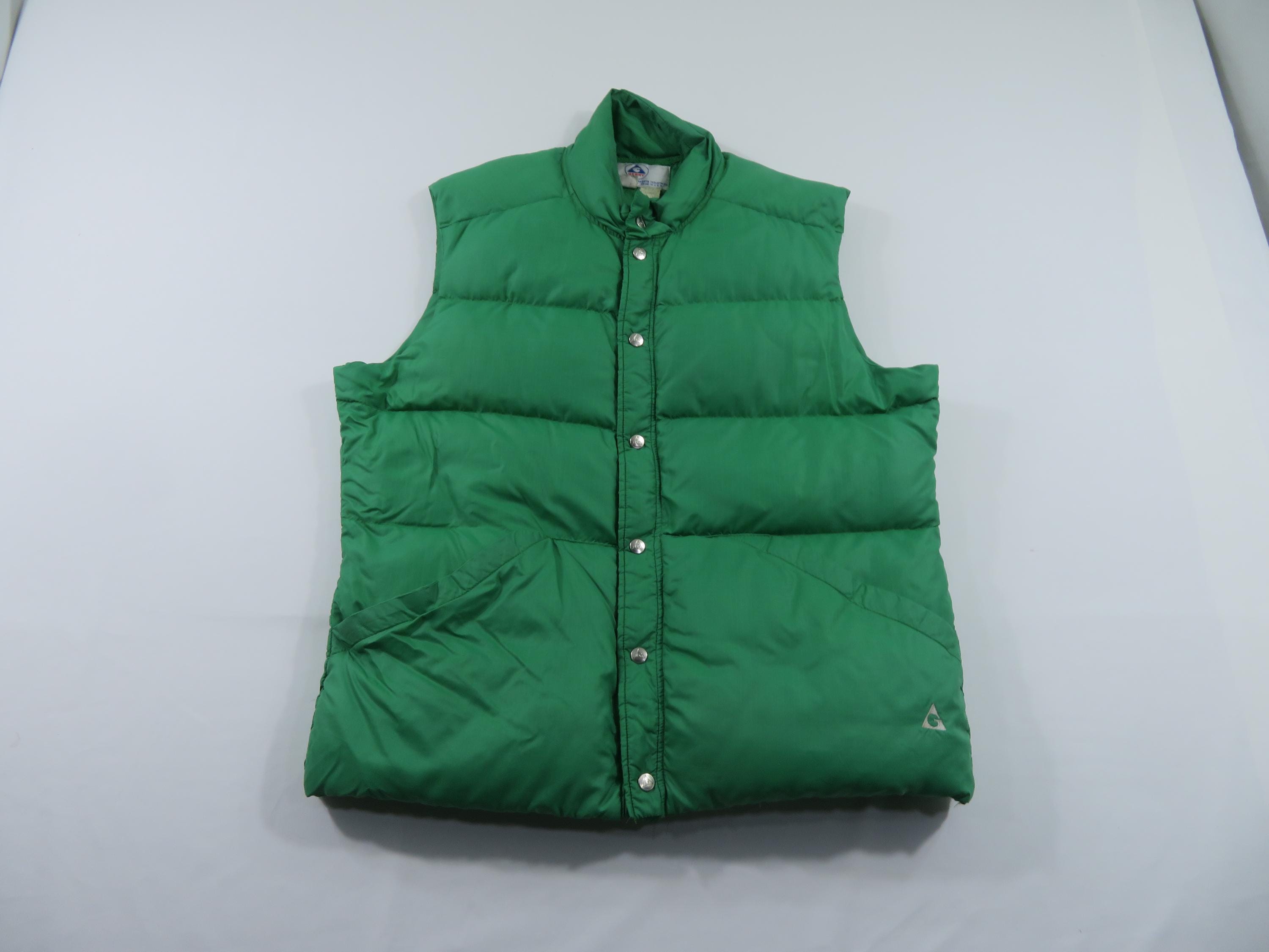 Gilet Puffer REI Vintage 70s – Duvet D’oie Vert, Snap, Homme XL, Made In USA