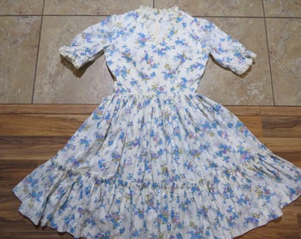 Vintage Women's Dress Fit to Waist - Gathered Skirt with Ruffle Floral Cream Blue Purple Hand Made Sz S? Prairie Gunne