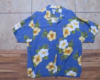 Camisa hawaiana original de la isla, color azul con estampado de flores de hibisco, talla XL