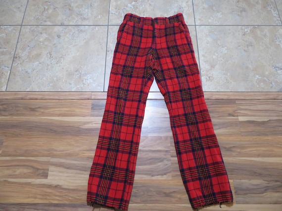 Vintage English Wool Plaid Pants Zip Fly RED Blac… - image 1