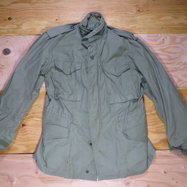 Vintage Military Cold Weather Field Coat Uniform Coat OD Green Hidden Hood Zip and Snap Sz M? M65 Style Semi Distressed Look