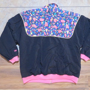 Vintage Women's Adidas Jacket Black Neon Pink Yellow Purple Green Blue Fleece Lined Zip Up Sz M image 2