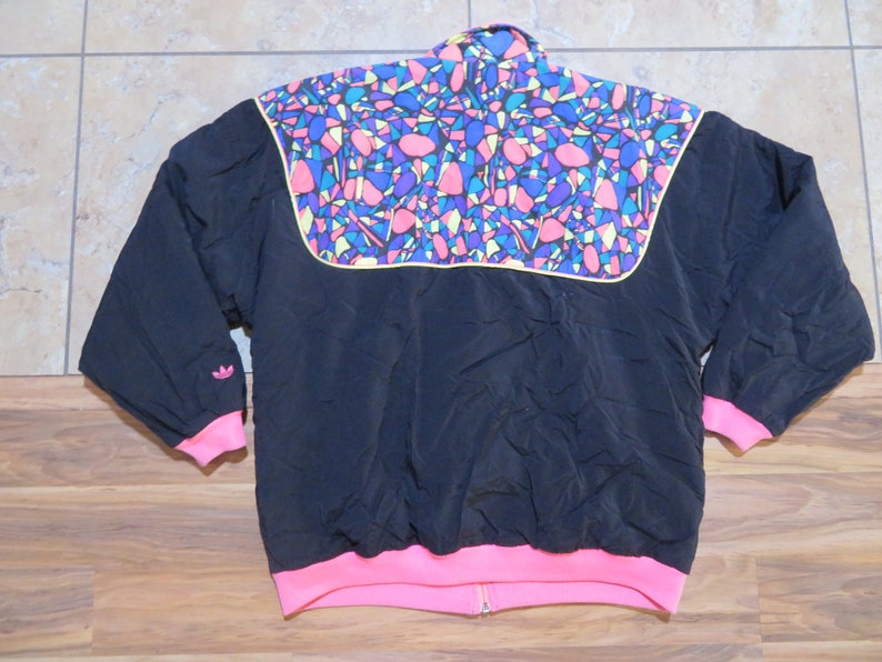 Vintage Women's Adidas Jacket Black Neon Pink Yellow Purple Green Blue Fleece Lined Zip Up Sz M image 2