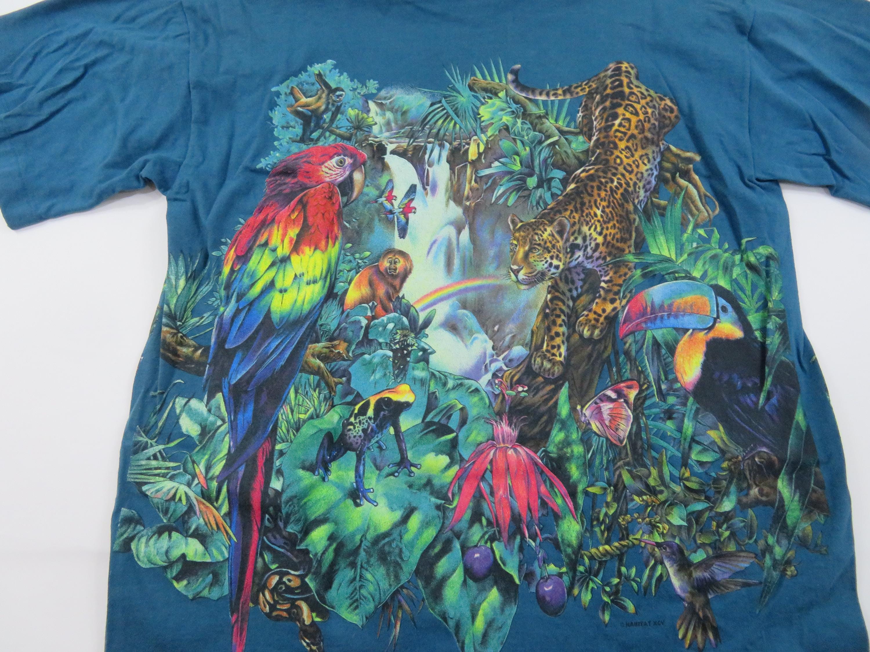 90s Rainforest Graphic T-shirt, Teal Animal Jungle Print, Sz L - Etsy