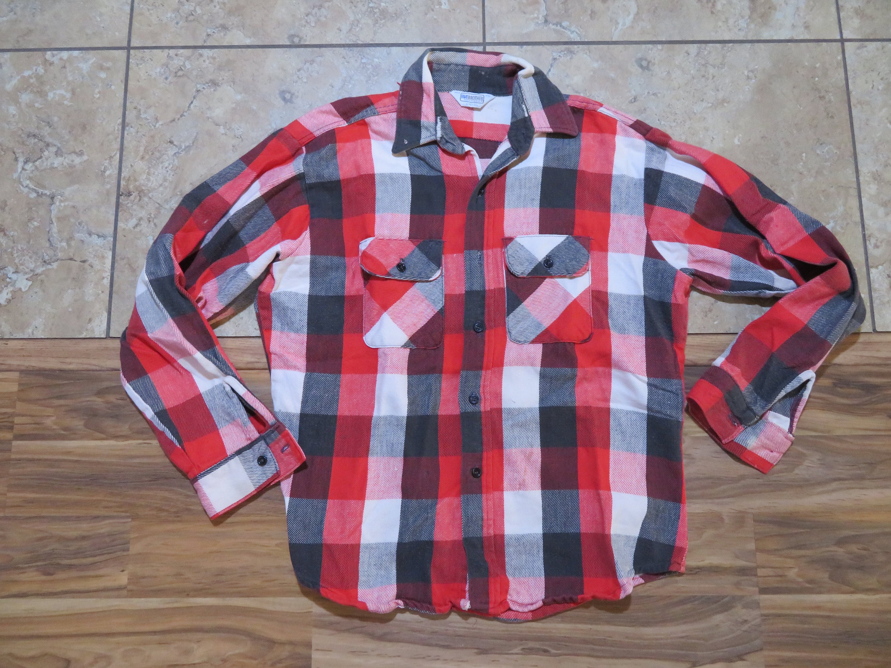 Vintage Five Brother Flannel Shirt Ivory Red Black Plaid Vintage Five Brother Flannel Shirt Ivory Red Black Plaid