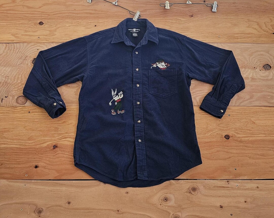 Bugs Bunny Taz Golf Themed Chamoise Shirt Long Sleeve BLUE Sz S