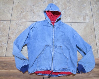 Vintage 1970s Carhartt Denim Hooded Jacket Red Lining Med