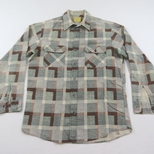 Sears Flannel Shirt, Geometric Plaid Button Blue Beige Brown Sz L 1980s UU10