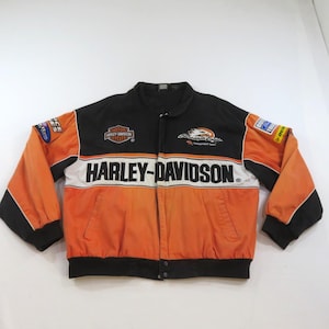 Harley Davidson Black Orange Screaming Eagle Motorcycle Racing Jacket XL 1990s
