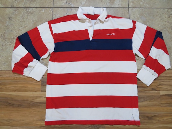 Vintage Adidas Rugby Style Shirt Long, Mens Red And White Striped Long Sleeve Polo Rugby Shirt