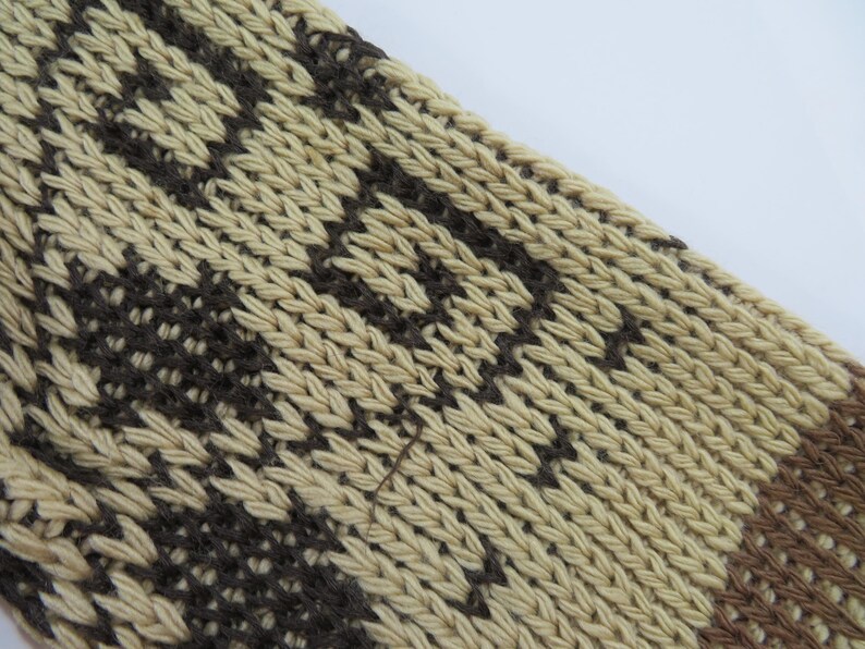 Puede incluir: Primer plano de una tela de punto con un patr&oacute;n geom&eacute;trico repetitivo. El dise&ntilde;o presenta bandas alternas de beige y marr&oacute;n oscuro, creando una superficie texturizada. La prenda de punto muestra un patr&oacute;n de puntada detallado.