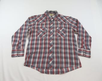 Ely Cattleman Pearl Snap Shirt Western Cowboy White Red Gray Plaid Sz 17-34 1980s