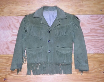 vintage années 1960 Youth Joo-Kay Fringed Leather Jacket Western Cowboy Rare Olive Green Color USA Made Jacket Child Youth Kids Taille 8 ?