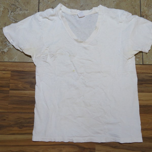 Vintage Hanes Blank Plain White Cotton T-Shirt Punk Hipster V Neck Sz L Distressed