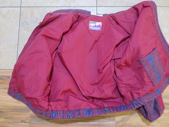 Vintage Walls Mountain Brand Southwest Design Wool Blend Blanket Jacket Western Look Burgundy Blue Green Made in USA Zip Front Sz XL