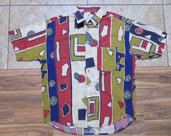 Vintage Haupt Men&#39;s Woven Casual Abstract Shirt Made in Germany Button Up Beige Red Gray Blue Sz 44-XL 17 1/2