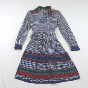 Lorch Belted Dress Fit An Flare Collared Check Blue White Sz 2-4? 1980s