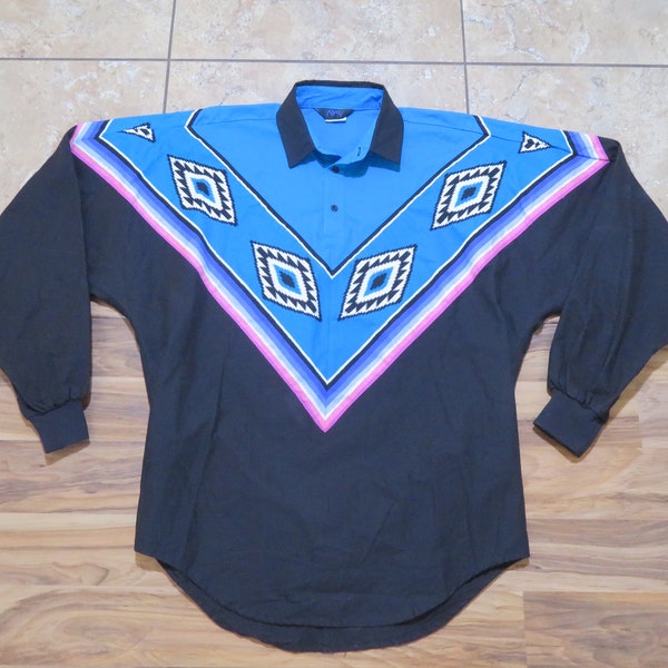 Vintage Roper Southwestern Native Print Style Design Black Blue Pullover Henley Long Sleeve Shirt Sz M-L Style 01-197 Cut SHEP 5881