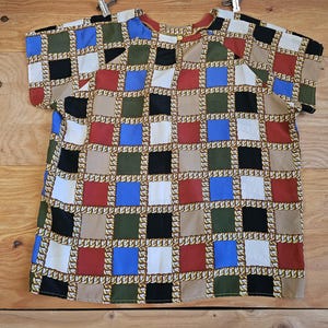 Veelkleurige boxshirtblouse, patchworkkettingstijl, jaren 1980