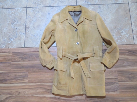 Vintage Womens Soft Suede Leather Belted Coat 3/4 Length Tan