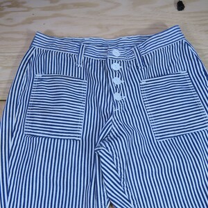 May include: Blue and white striped pants with two front pockets and a button fly.