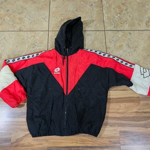 Vintage 90s Lotto Full Zip Red Black White Jacket Quilt-lined Sz M