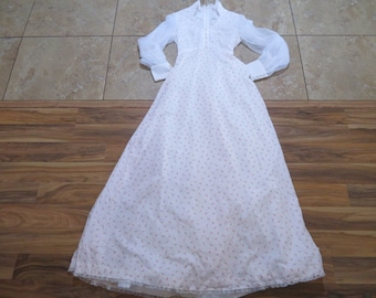 VTG Womens Long Dress Hippie White Pink Floral Long Sleeve Empire Waist Back Zip Pearl-Look Accents Lace Overlay Bodice S-M? Gunne Sax Style