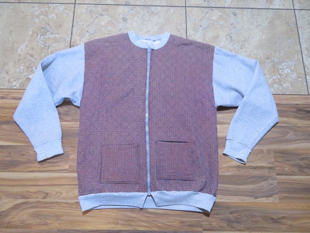 Vintage Quilted House Smokers Coat Jacket Gray Red Zip up Sz L