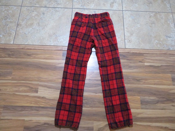 Vintage English Wool Plaid Pants Zip Fly RED Blac… - image 2