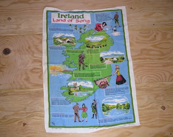 Vintage Ireland Land of Song Map Table or Wall Tapestry Linen Fast Color Green Blue 27x20