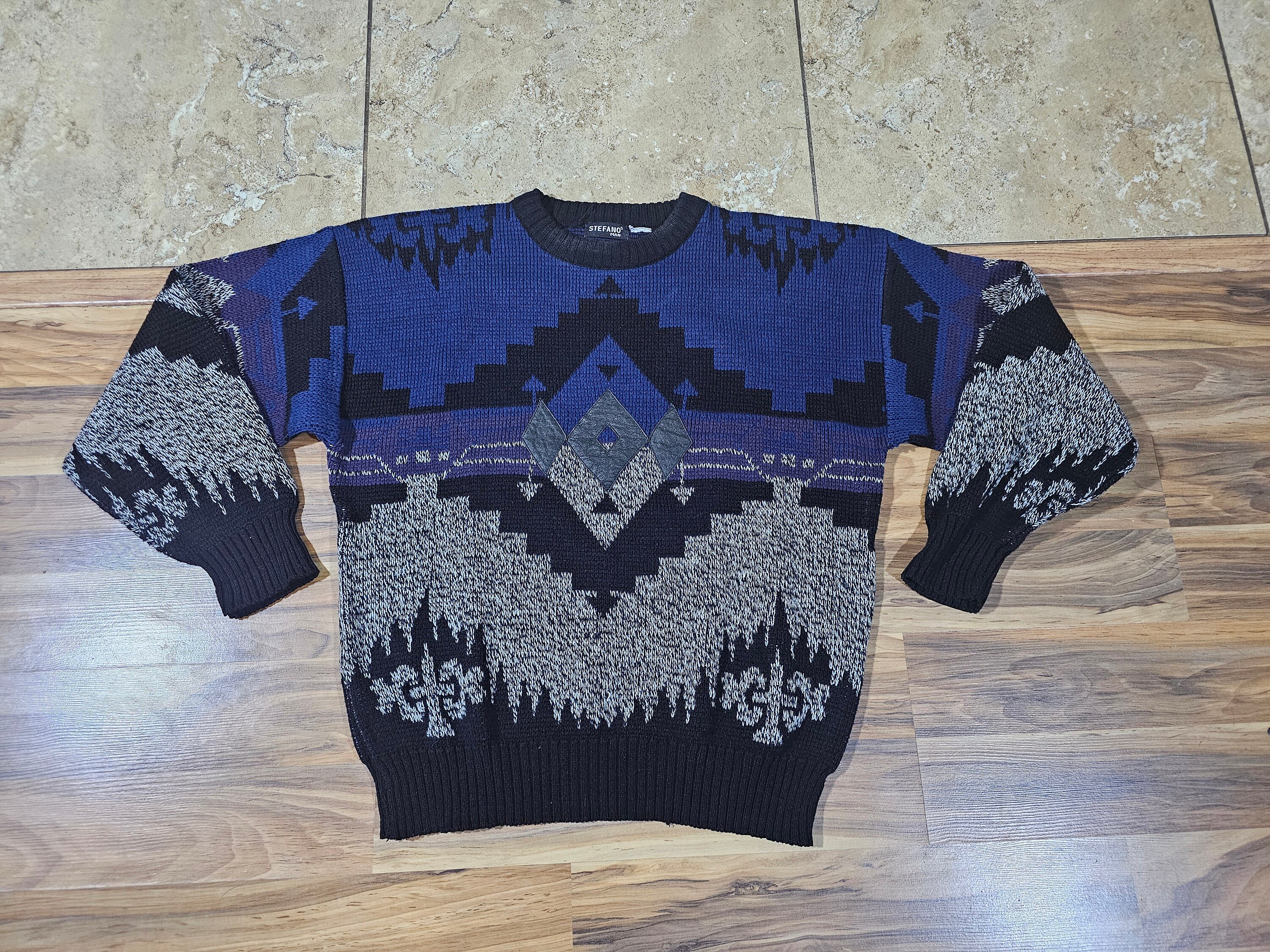 Vintage 1990s Stefano Man Mens Geometric Sweater Black-Blue White Sz L?
