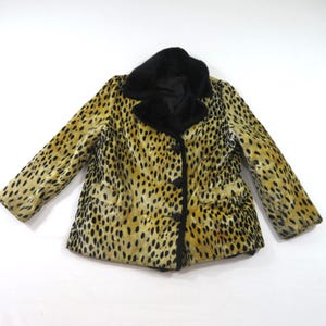 Leopard Print Coat Faux Fur Jacket Black Beige Quilt-Lined Button Up Sz S? 1980s