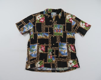 intensiver 1990er Jahre Hawaiihemd, Camp Aloha, Baumwolle, schwarz braun Gr. M 1990s L10